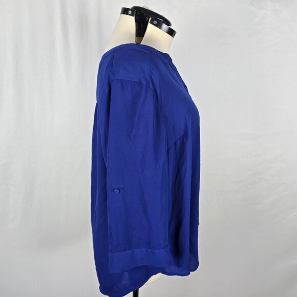Torrid Blouse Women's 2X Blue V-Neck 1/4 Button Up Long Roll Tab Sleeves Ruffle - Picture 12 of 15
